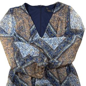 Just Taylor Floral Print Blue Beige Dress Long‎ Sleeve V Neck Flowy Boho Size 12